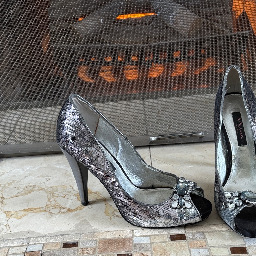 Nina Silver Peep-Toe Heels with Embellishments
